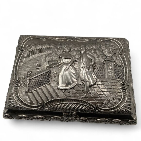 Vintage French Style Footed Jewelry Box Swan Lake Scene Hinged Lid Large Ornate - Picture 1 of 10